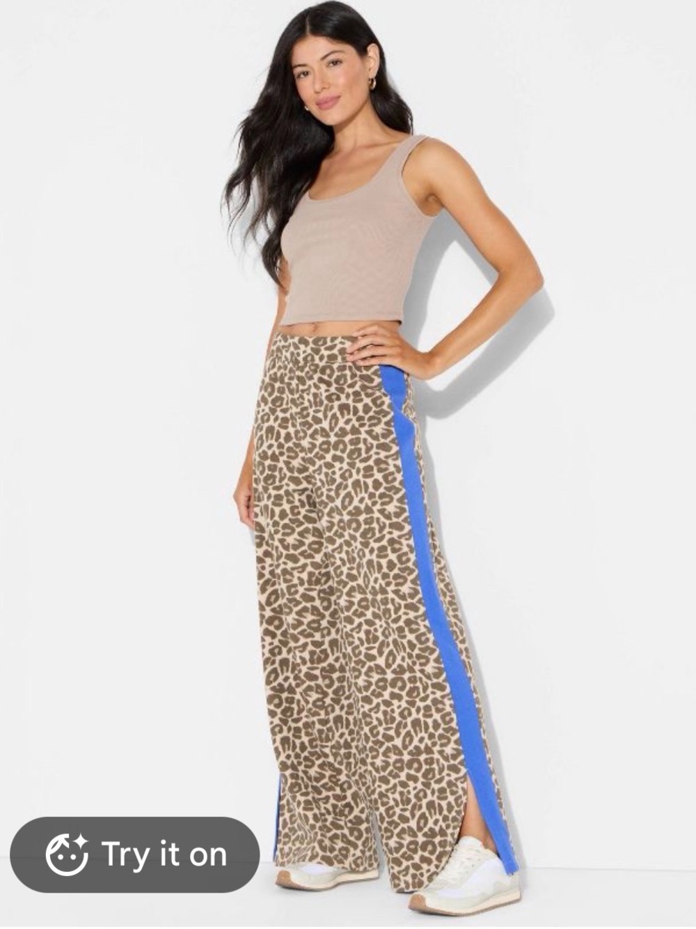 Grayson Threads Taupe Leopard Wide-Leg Pants with Blue Side Stripe